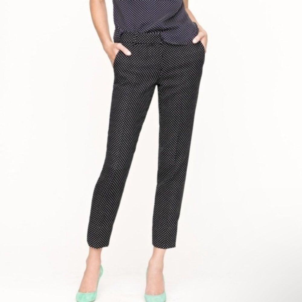J. Crew Cafe Capri Mid Rise Wool Blend Tiny White Polka Dots Black Cropped Pants